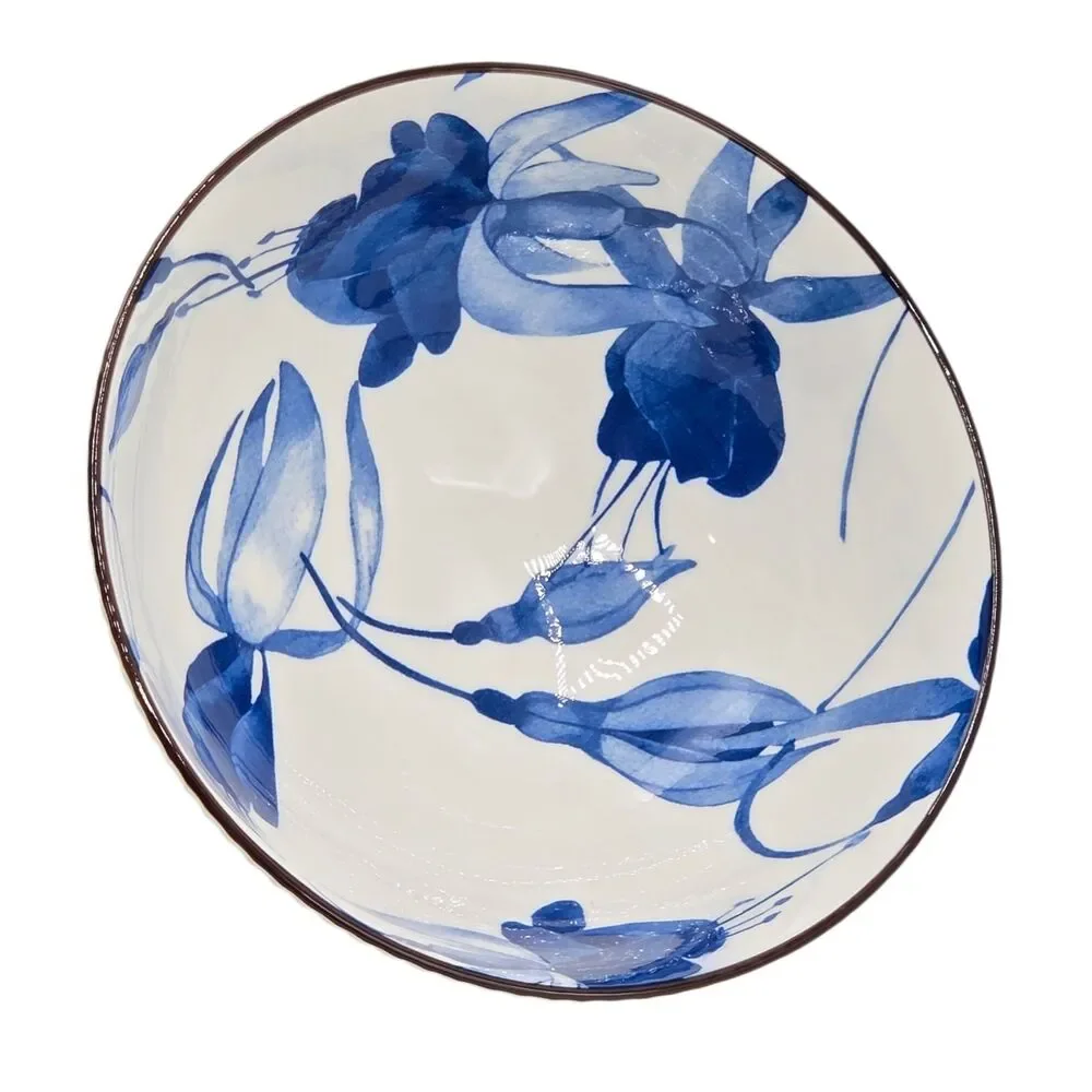 SH‎ Home 42oz Blue Ceramic Ramen Noodle Soup Bowl Chopsticks Spoon Floral Motifs